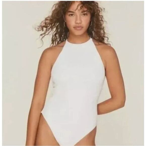 Andie Swim Asbury Rib High Neck One Piece Swimsuit Coca Ivory Medium AO288 - Picture 1 of 8